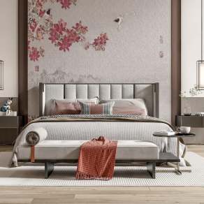 新中式双人床3D模型下载